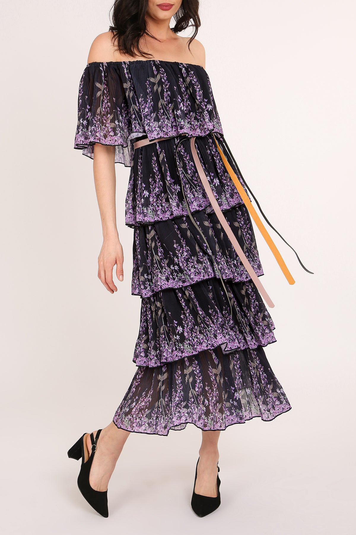 Eden Off Shoulder Floral Print Tiered Pleats Maxi Dress - Shop Beulah Style