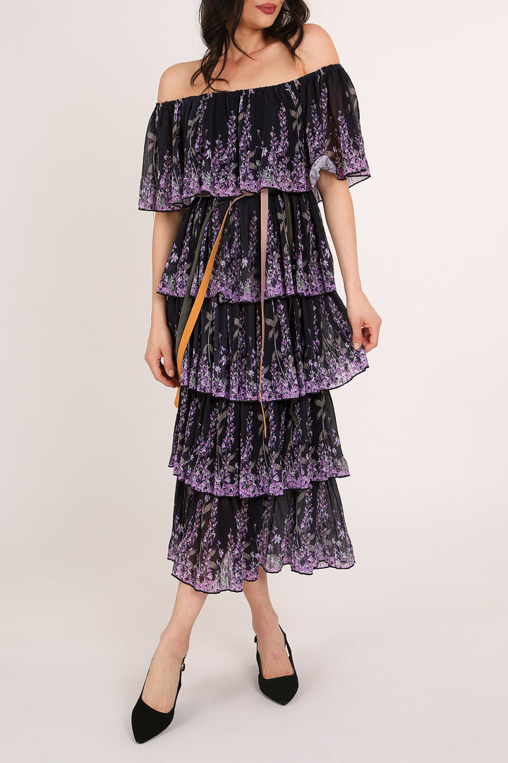 Eden Off Shoulder Floral Print Tiered Pleats Maxi Dress - Shop Beulah Style