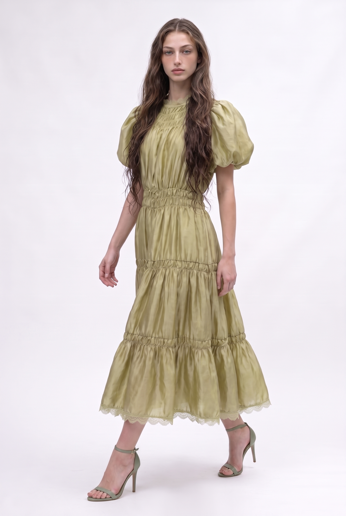 Smocked Yoke Puff Sleeve Tiered Midi Dress