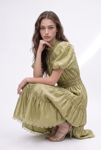 Smocked Yoke Puff Sleeve Tiered Midi Dress