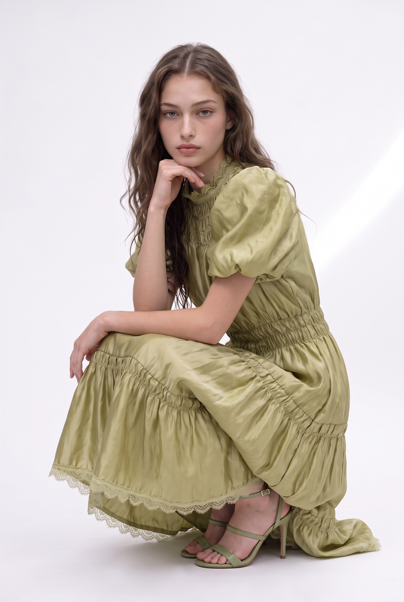 Smocked Yoke Puff Sleeve Tiered Midi Dress