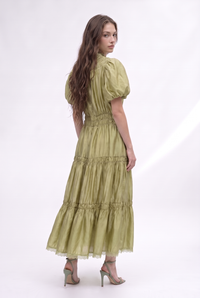 Smocked Yoke Puff Sleeve Tiered Midi Dress