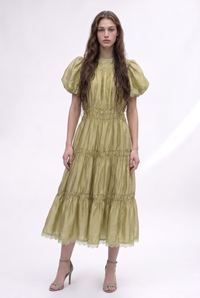 Smocked Yoke Puff Sleeve Tiered Midi Dress
