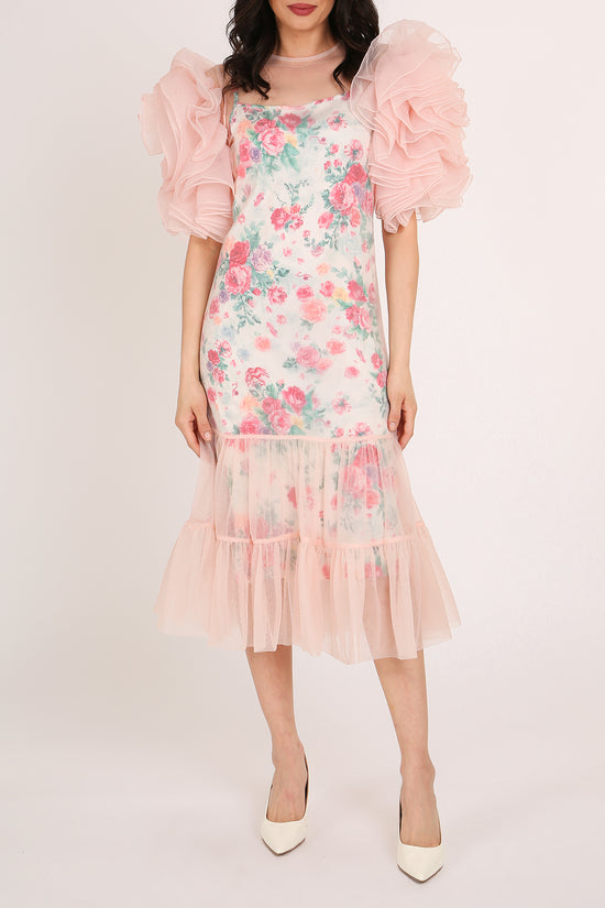 Vicky Floral Print Ruffled Mesh Tulle Detail Midi Dress - Shop Beulah Style
