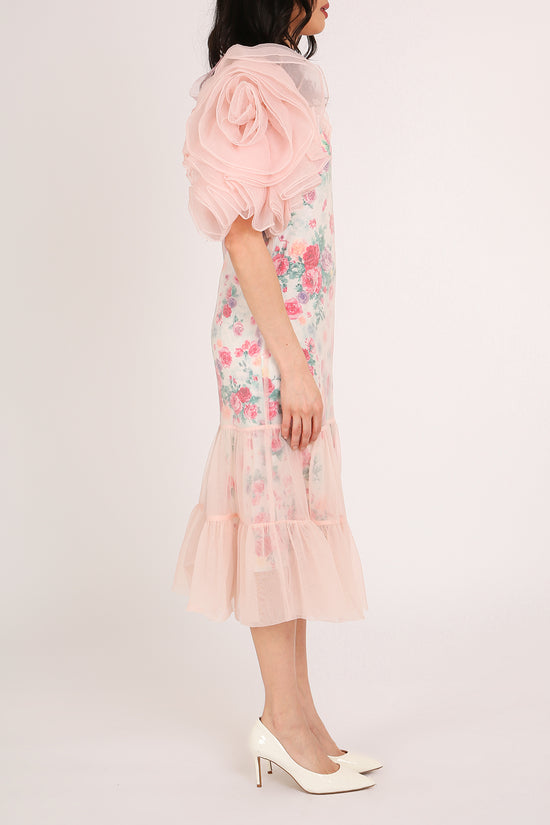 Vicky Floral Print Ruffled Mesh Tulle Detail Midi Dress - Shop Beulah Style