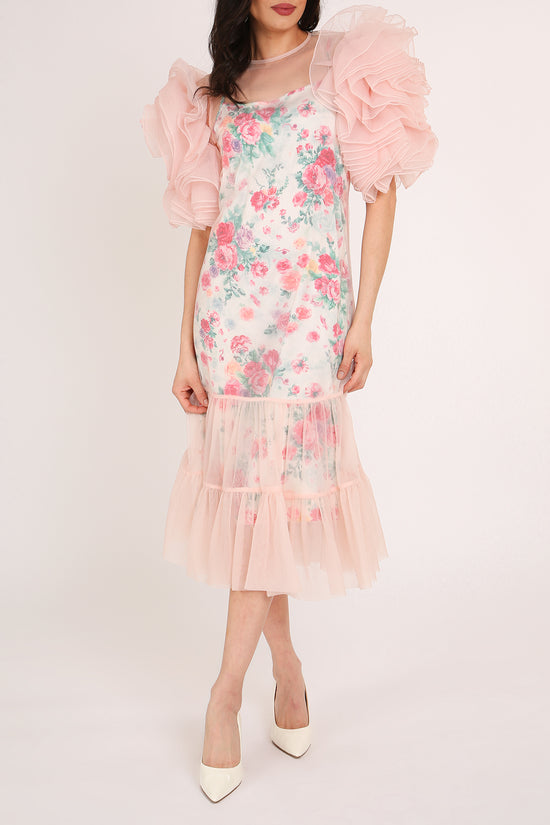Vicky Floral Print Ruffled Mesh Tulle Detail Midi Dress - Shop Beulah Style