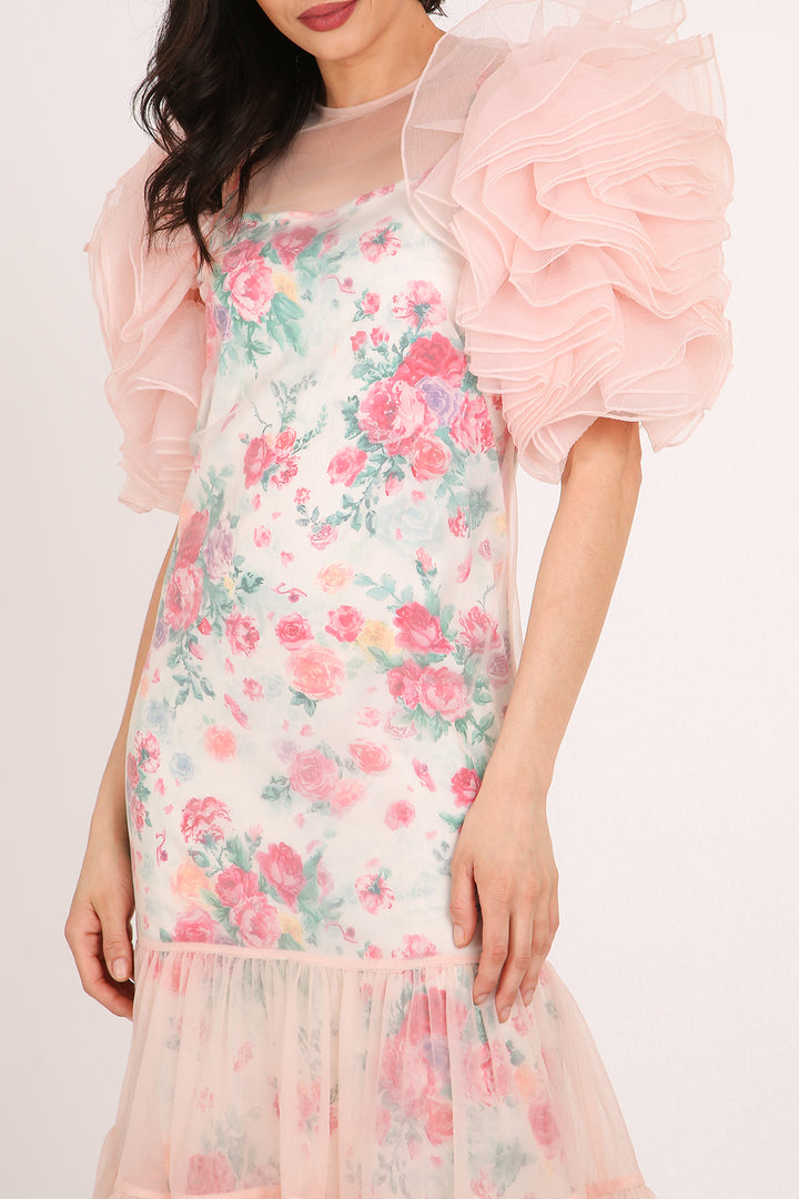 Vicky Floral Print Ruffled Mesh Tulle Detail Midi Dress - Shop Beulah Style