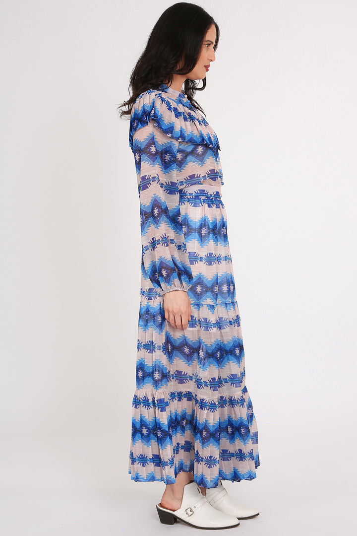 Victoria Geo Print Ruffled Sheer Pleats Top & Skirt Set