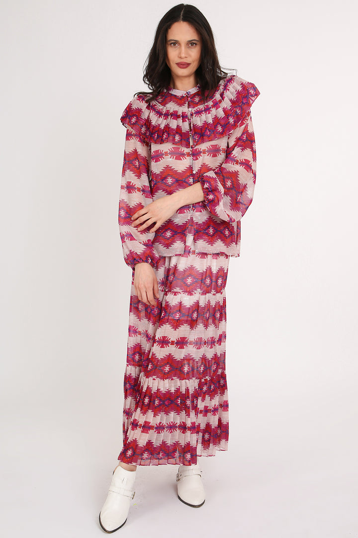Victoria Geo Print Ruffled Sheer Pleats Top & Skirt Set