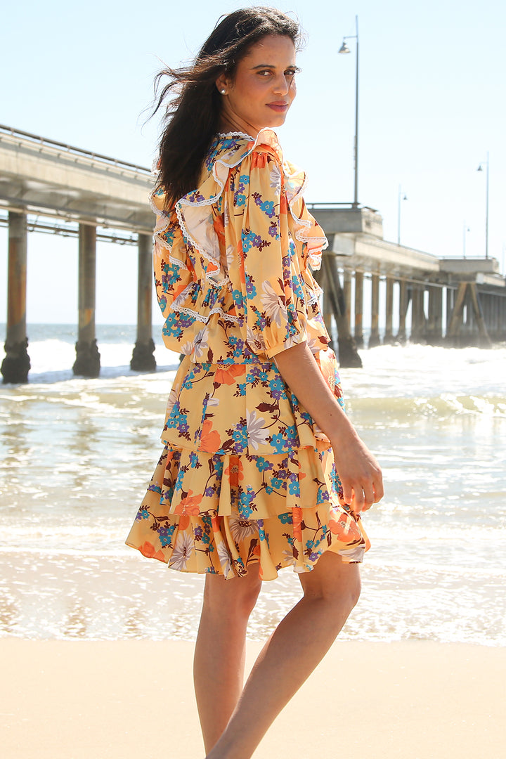 Daisy Floral Print Ruffled Lace Trim Top & Skirt Set