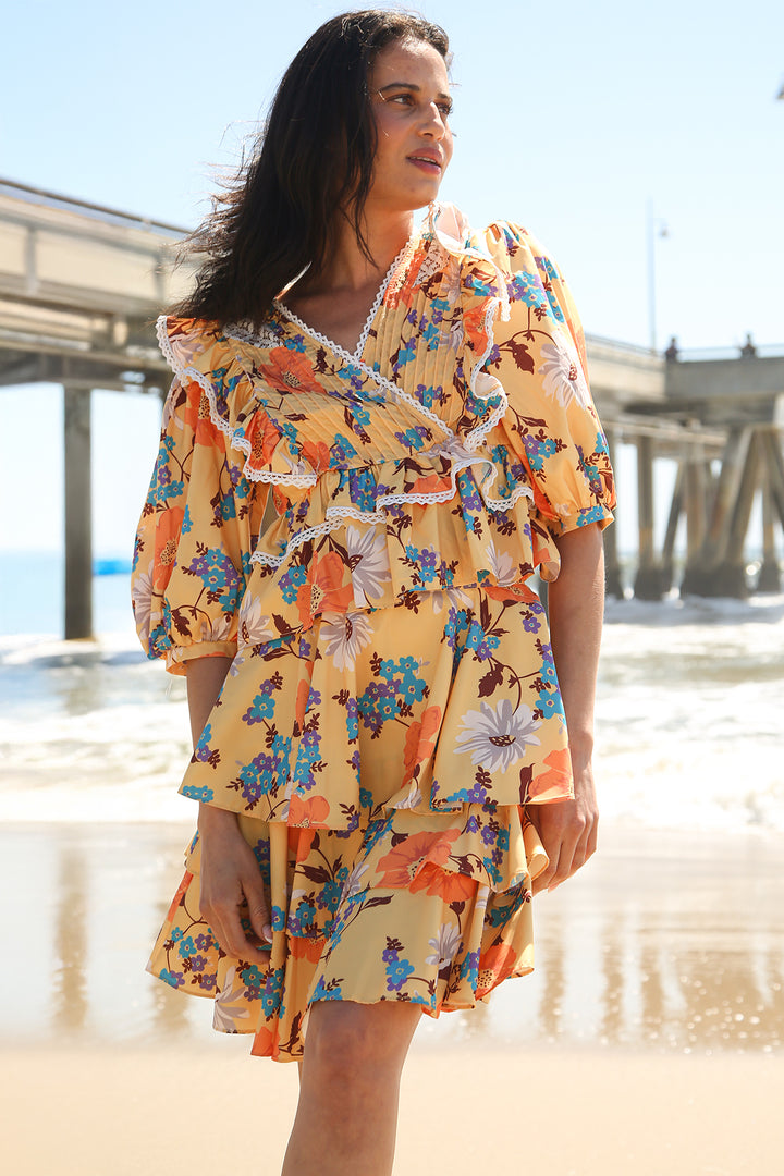 Daisy Floral Print Ruffled Lace Trim Top & Skirt Set