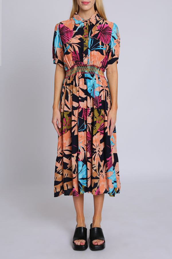 Danielle Multicolor Tropical Print Smocked Pleated Midi Dress