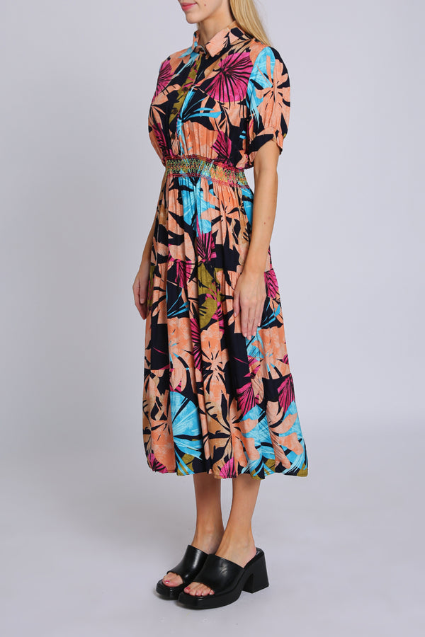 Danielle Multicolor Tropical Print Smocked Pleated Midi Dress