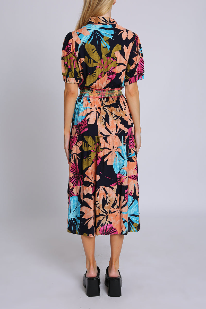 Danielle Multicolor Tropical Print Smocked Pleated Midi Dress