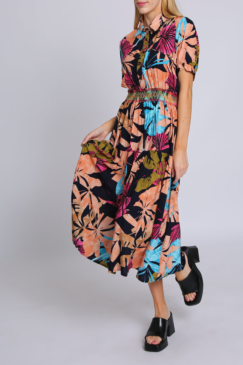 Danielle Multicolor Tropical Print Smocked Pleated Midi Dress