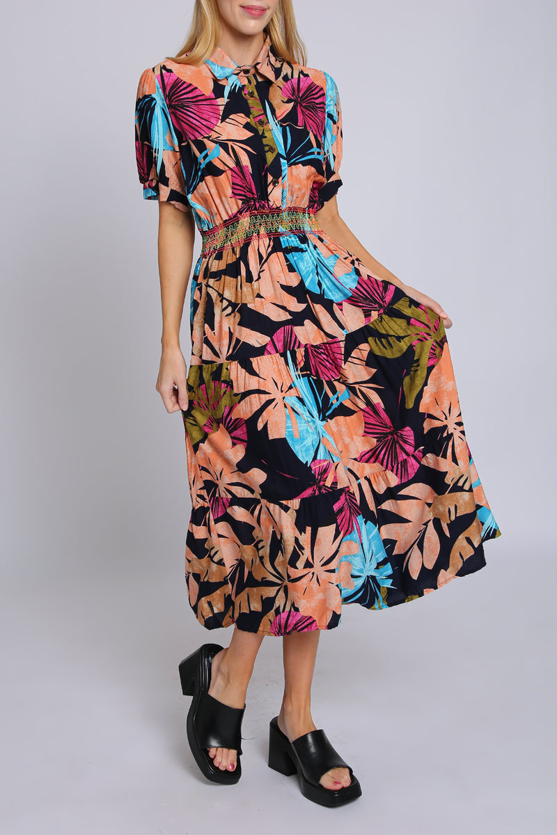 Danielle Multicolor Tropical Print Smocked Pleated Midi Dress