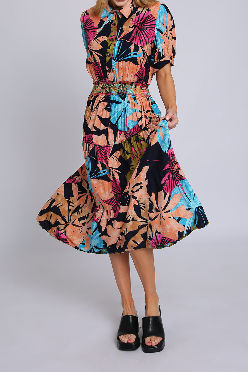 Danielle Multicolor Tropical Print Smocked Pleated Midi Dress