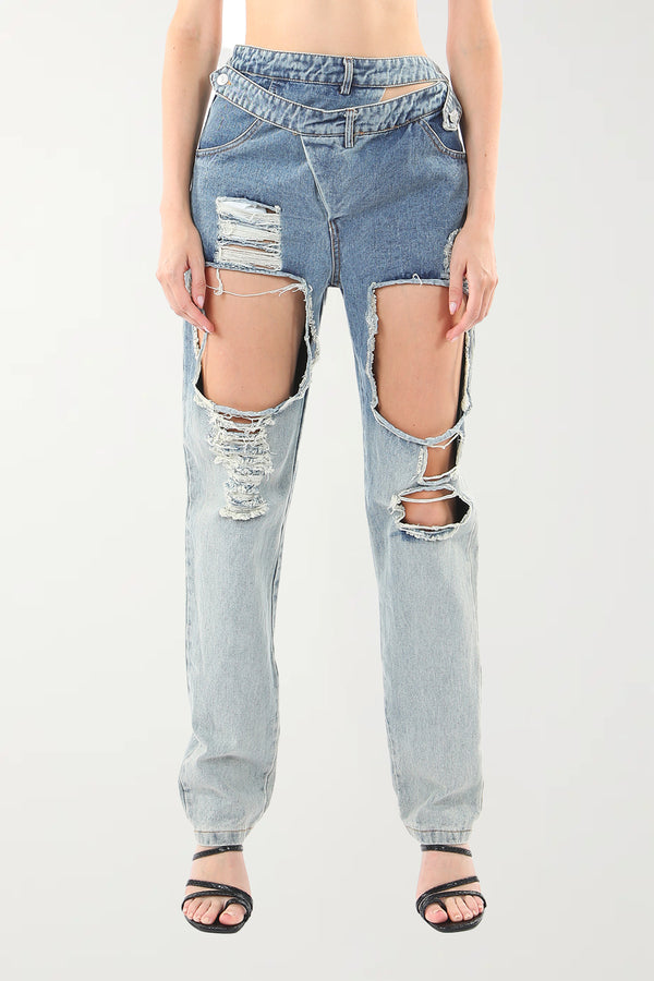 Destroyed Denim Pants With Layered Front Design - Shop Beulah Style