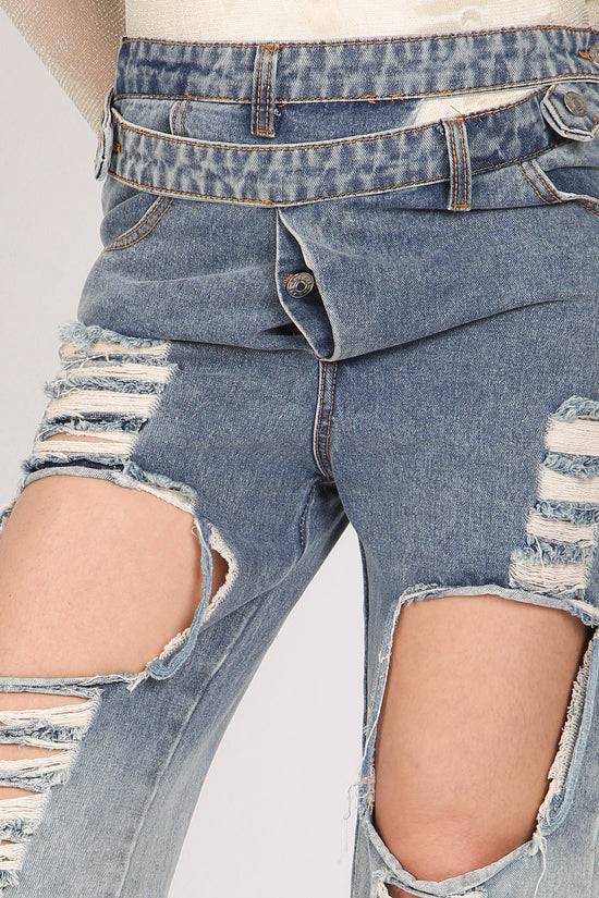 Brian Front Cutout Details Layered Waist Denim Pants - Shop Beulah Style