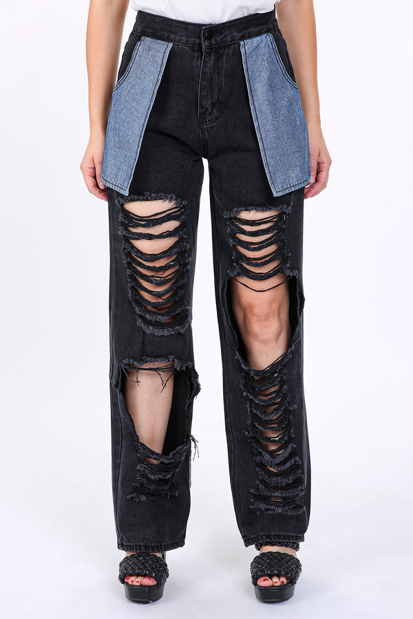 Contrast Denim Unbalanced Cutout Details Pants - Shop Beulah Style