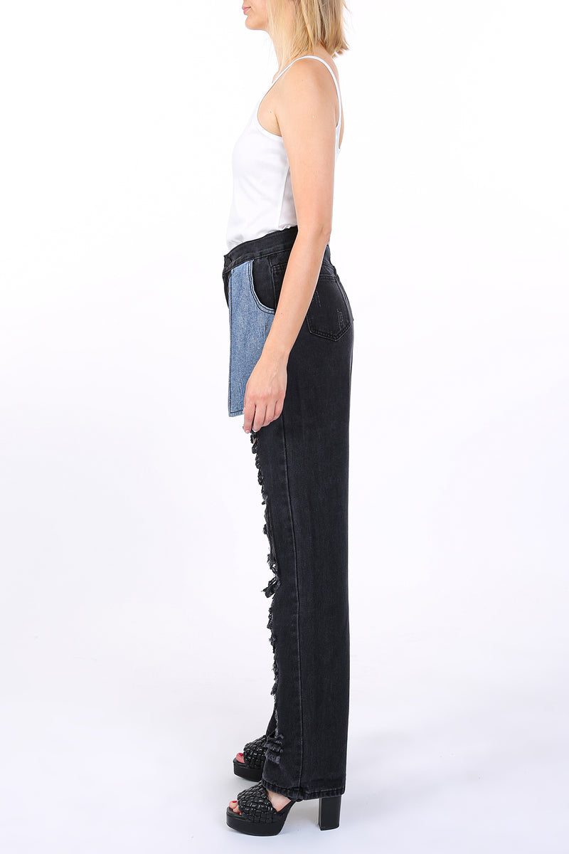 Contrast Denim Unbalanced Cutout Details Pants - Shop Beulah Style