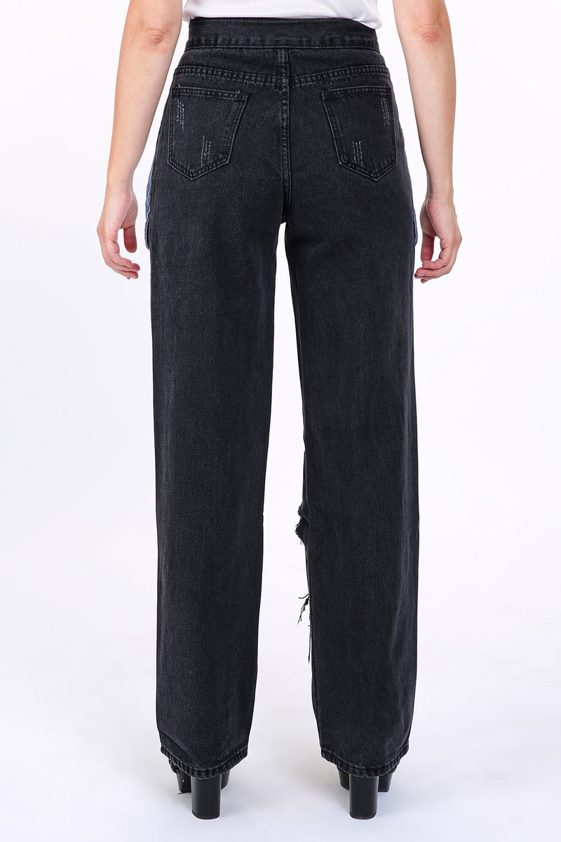 Contrast Denim Unbalanced Cutout Details Pants - Shop Beulah Style