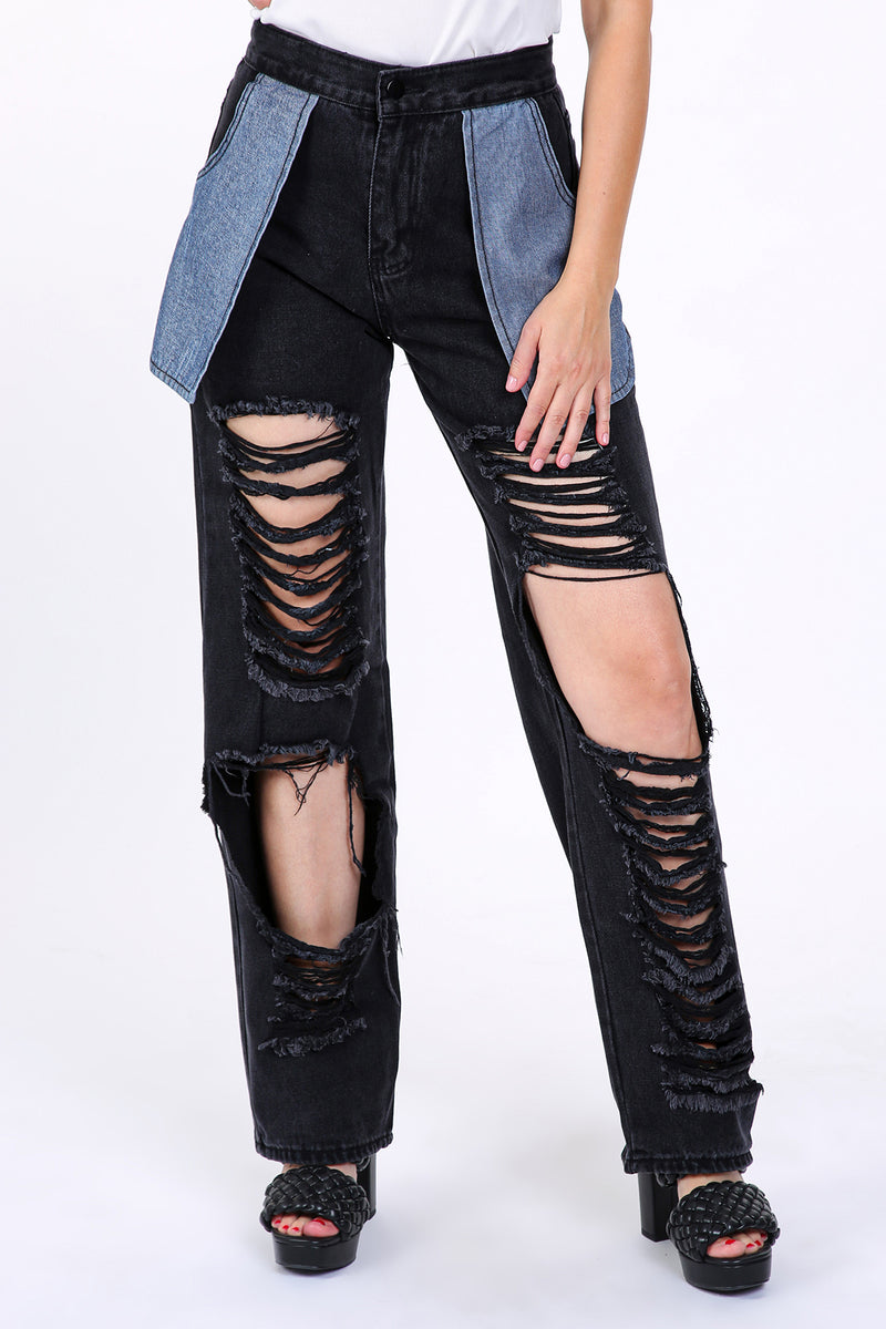 Contrast Denim Unbalanced Cutout Details Pants - Shop Beulah Style