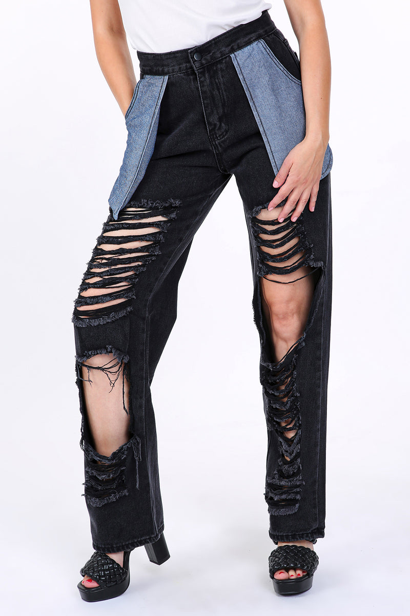 Contrast Denim Unbalanced Cutout Details Pants - Shop Beulah Style