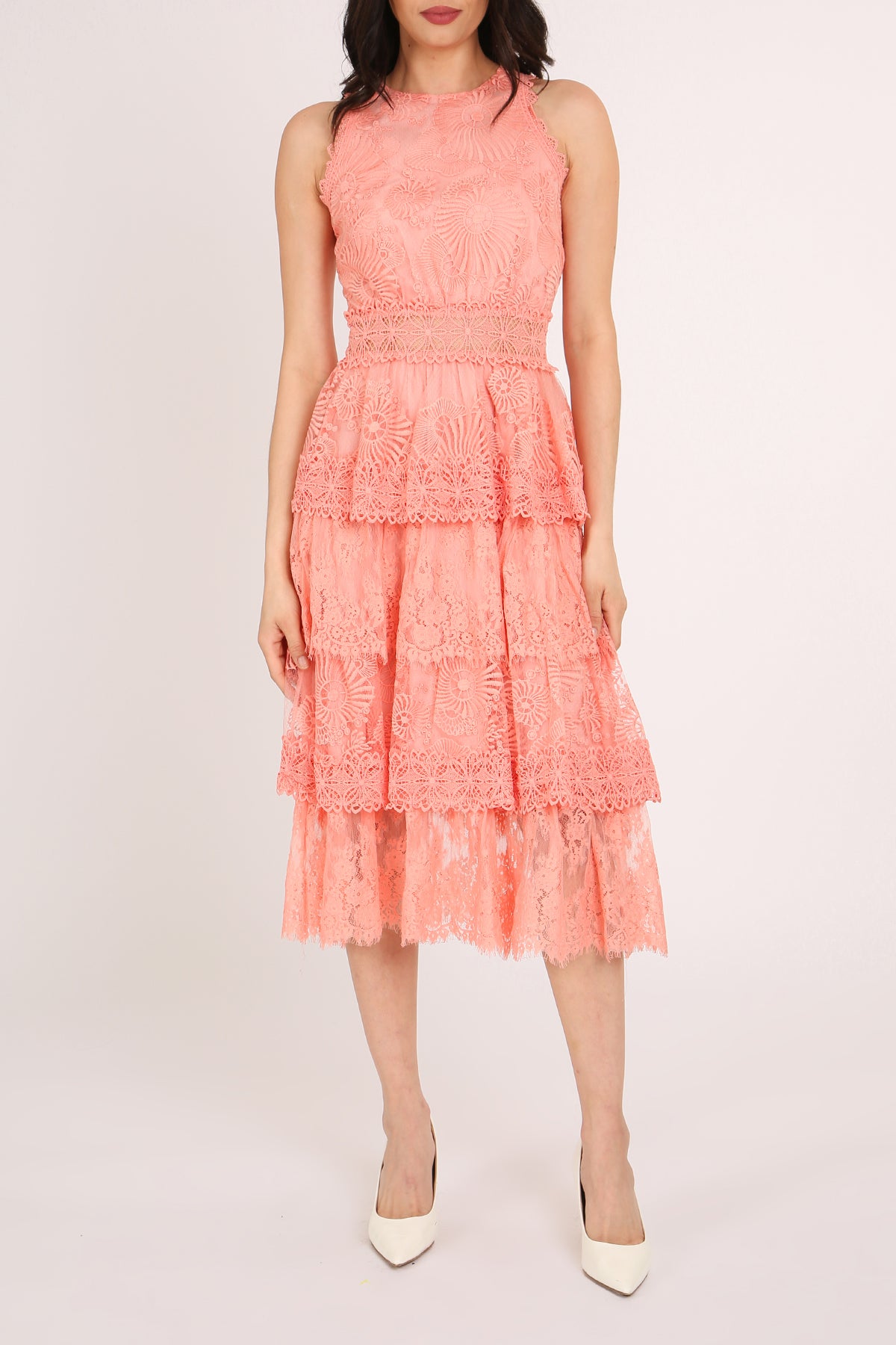 Tori Floral Embroidered Lace Tiered Sheath Midi Dress - Shop Beulah Style