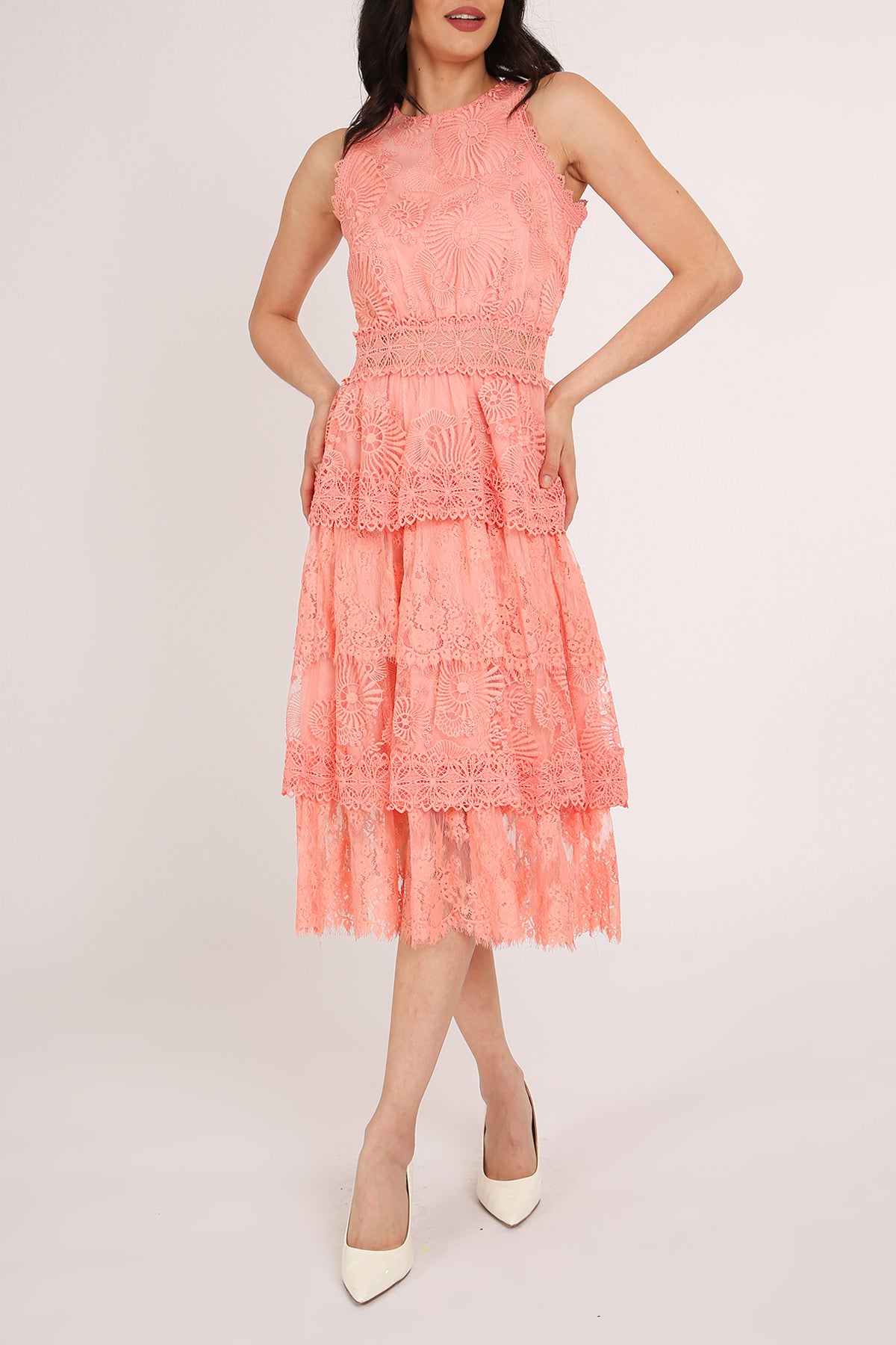 Tori Floral Embroidered Lace Tiered Sheath Midi Dress - Shop Beulah Style