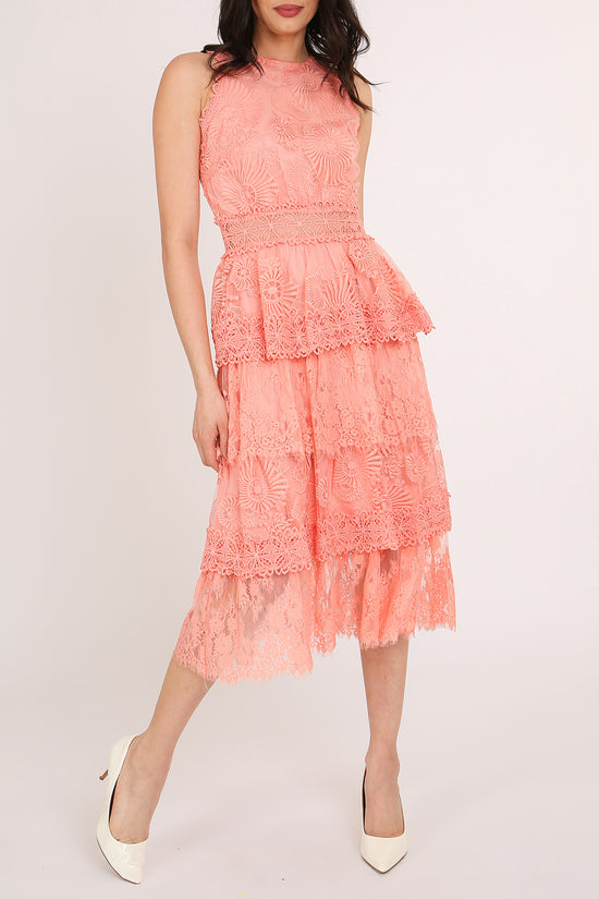 Tori Floral Embroidered Lace Tiered Sheath Midi Dress - Shop Beulah Style