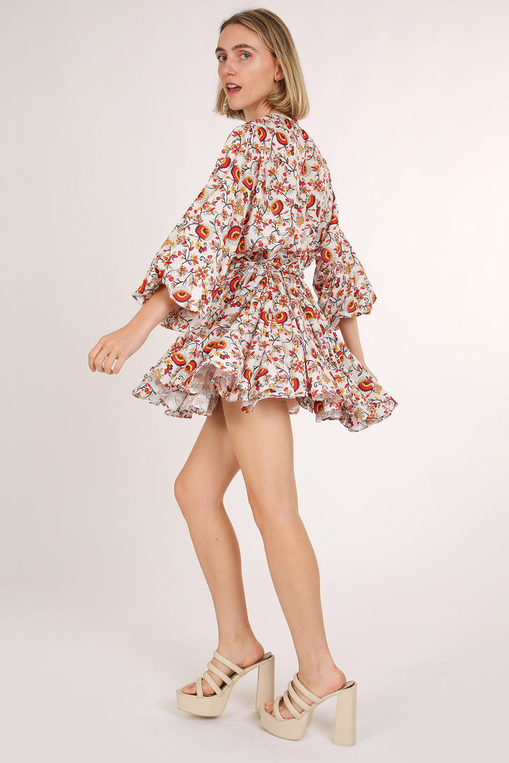 Josie Floral Print Belted A-Line Mini Puff Dress