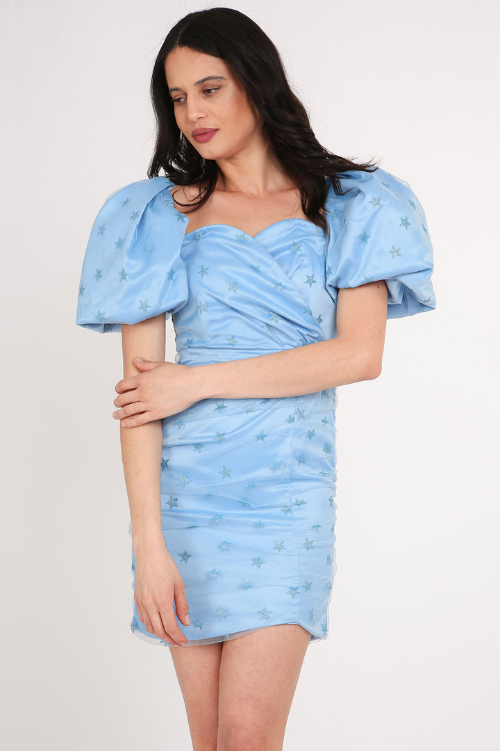 Misha Starry Glitter on Mesh Layered Mini Puff Dress