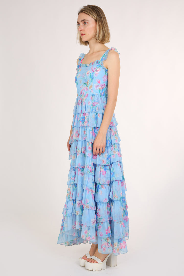 Kalisa Floral Print Tiered Ruffles Maxi Slip Sundress