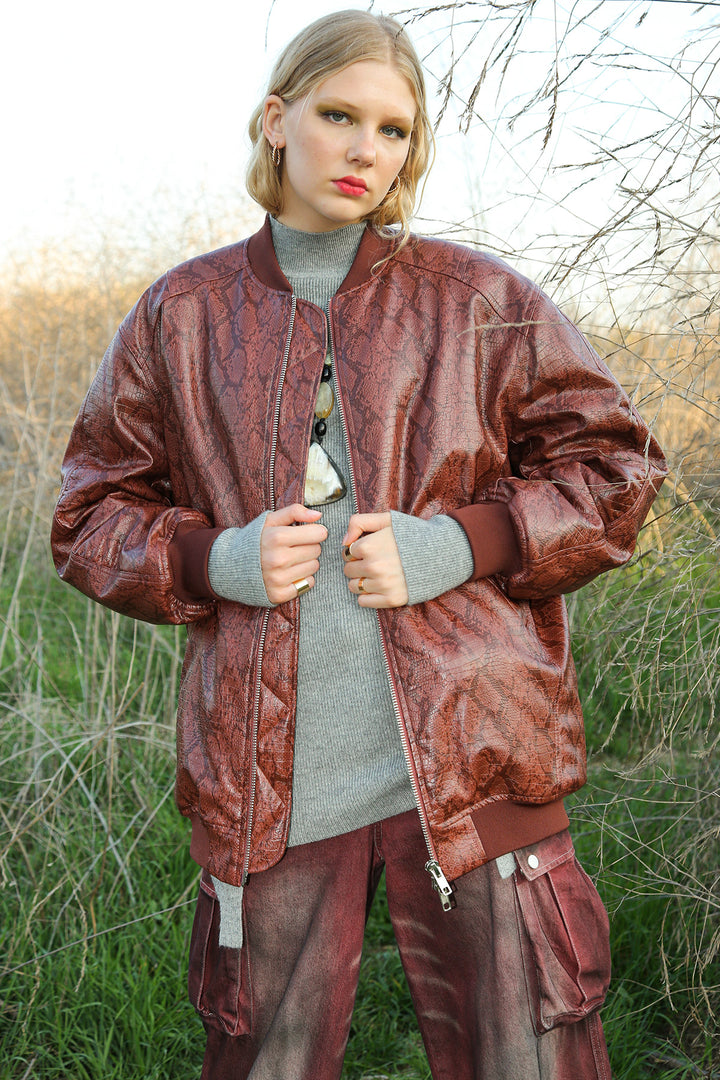 Pierce Snake Patterned Pleather Bomber Jacket