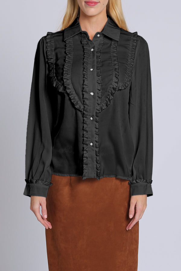 Mike Ruffled Trim Classic Sheer Satin Bib Blouse - Shop Beulah Style