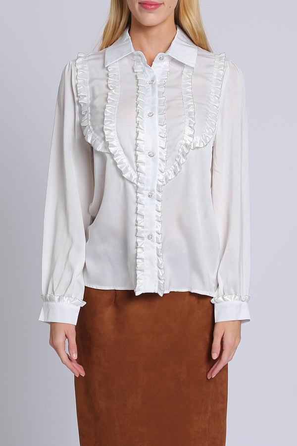 Mike Ruffled Trim Classic Sheer Satin Bib Blouse - Shop Beulah Style