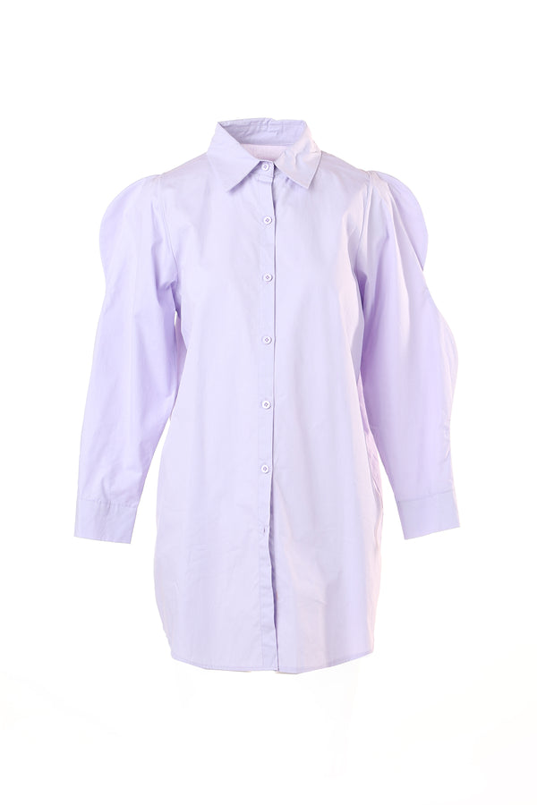 Solid Puff Shoulder Button Up Long Blouse - Shop Beulah Style