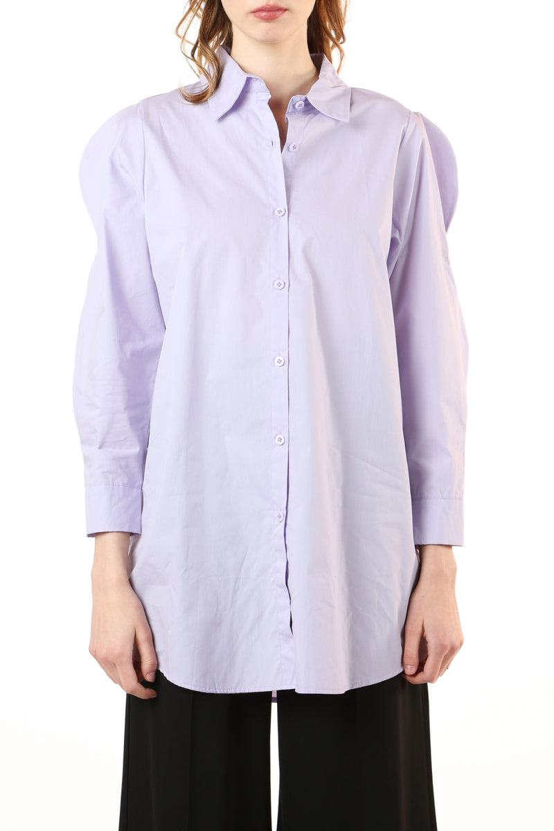 Solid Puff Shoulder Button Up Long Blouse - Shop Beulah Style