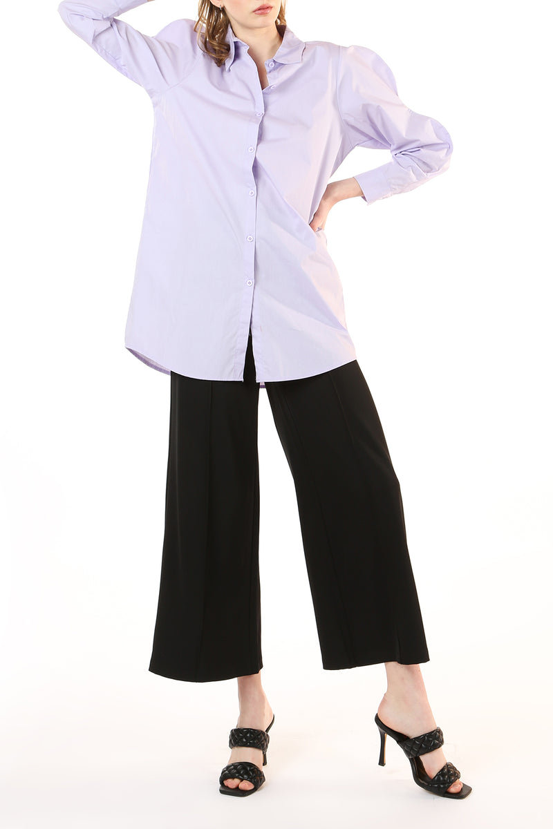 Solid Puff Shoulder Button Up Long Blouse - Shop Beulah Style