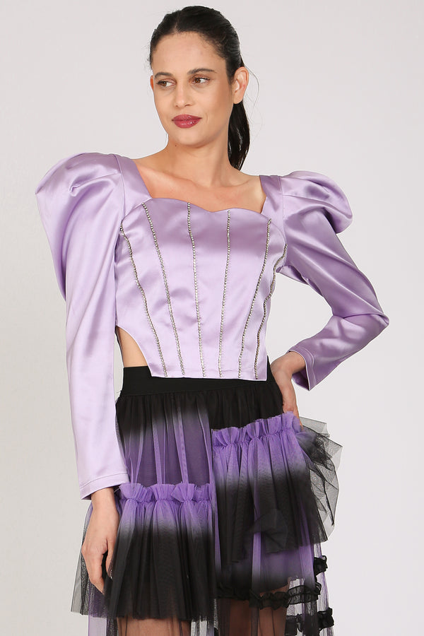 Andy Rhinestone Embellished Satin Puff Corset Top