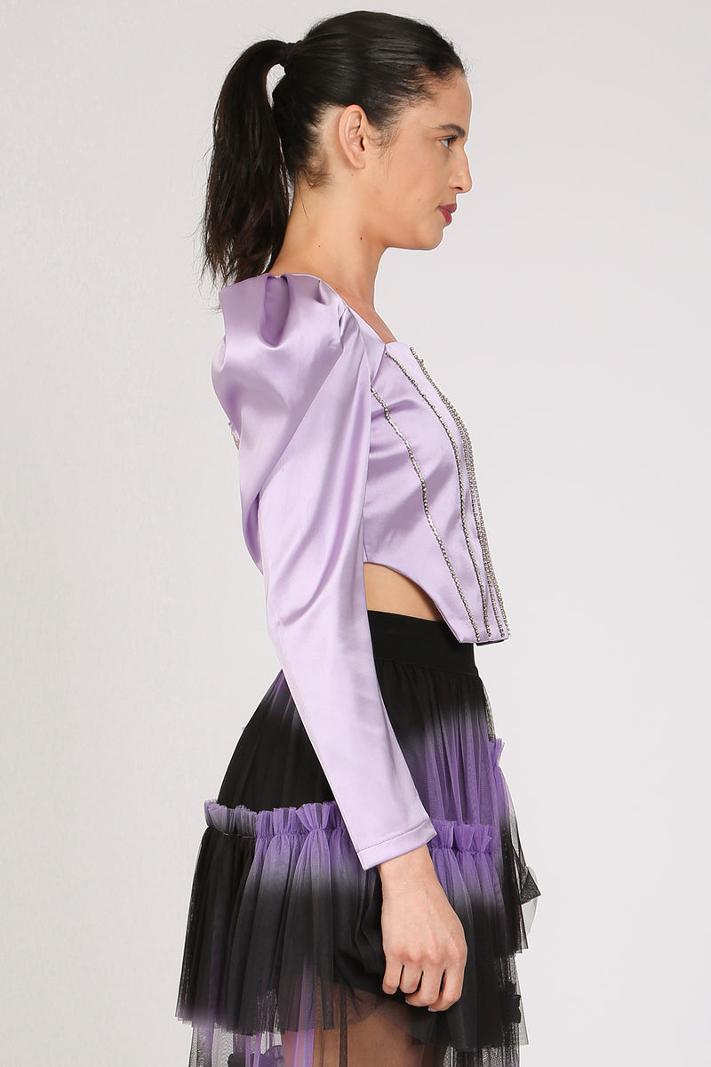 Andy Rhinestone Embellished Satin Puff Corset Top