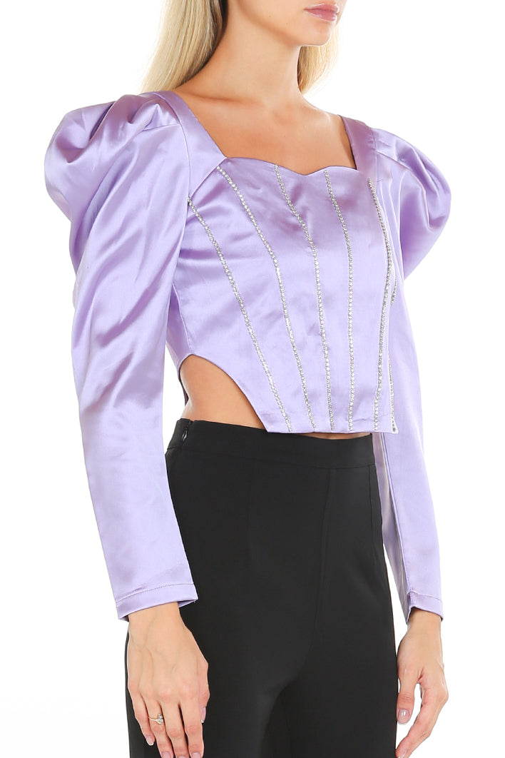 Embellished Satin Corset top with Long puff sleeve - Shop Beulah Style