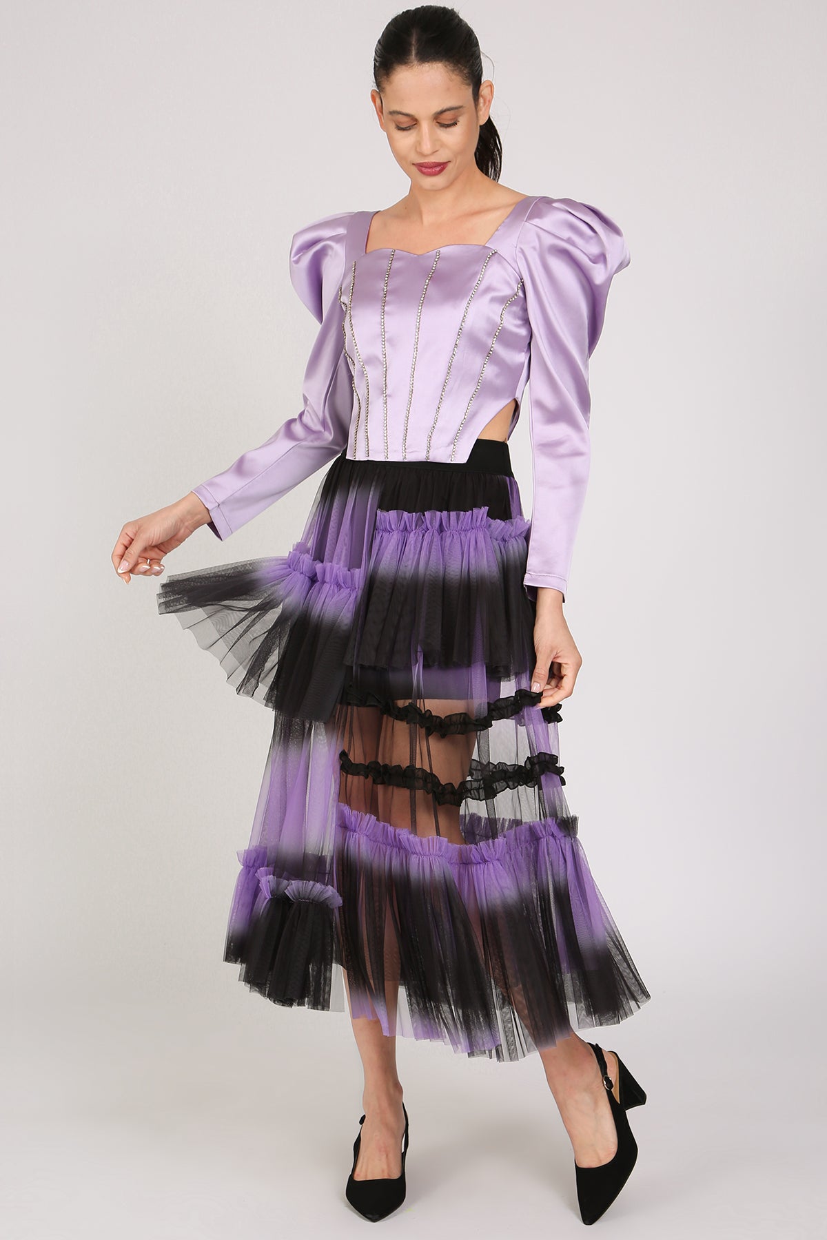 Andy Rhinestone Embellished Satin Puff Corset Top