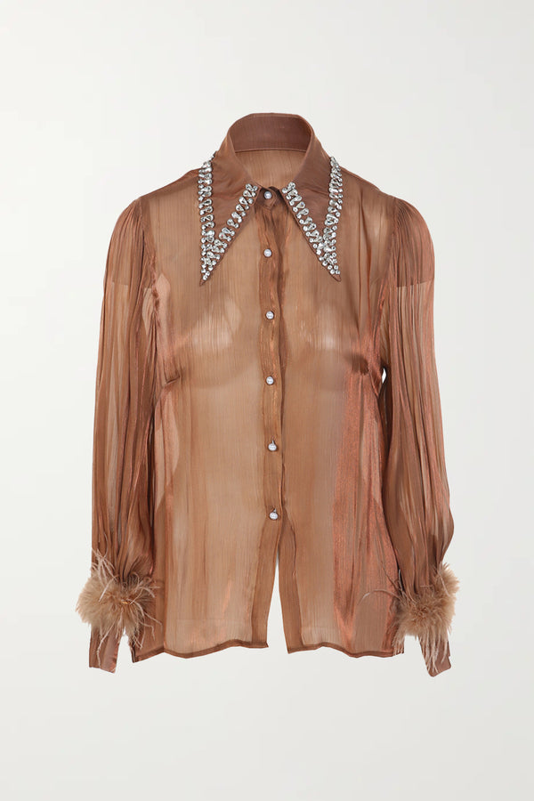 Madrid Rhinestone Collar Pom Cuff Shirt - Shop Beulah Style