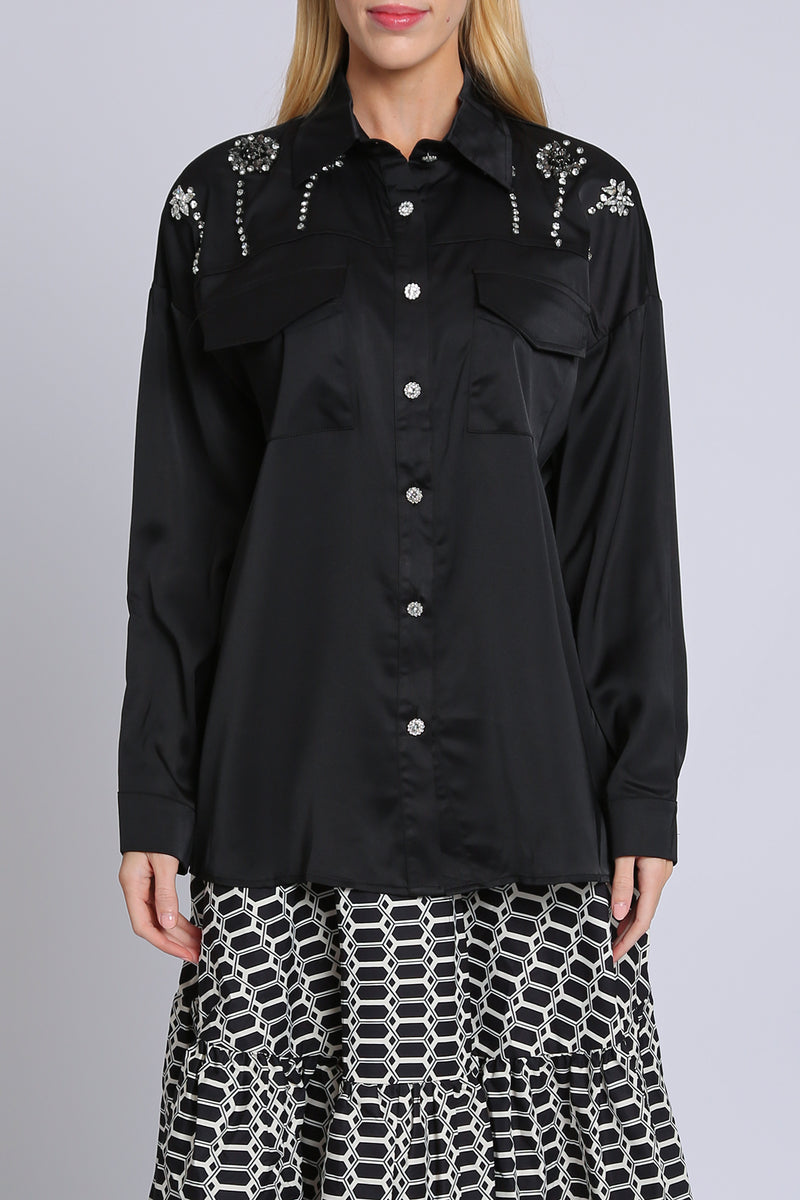 Blake Floral-Shape Embellished Satin Blouse - Shop Beulah Style