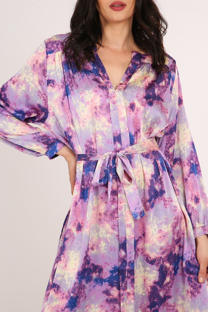 Vincent Soft Tie Dye Print V-Neck Belted Midi Dress - Shop Beulah Style