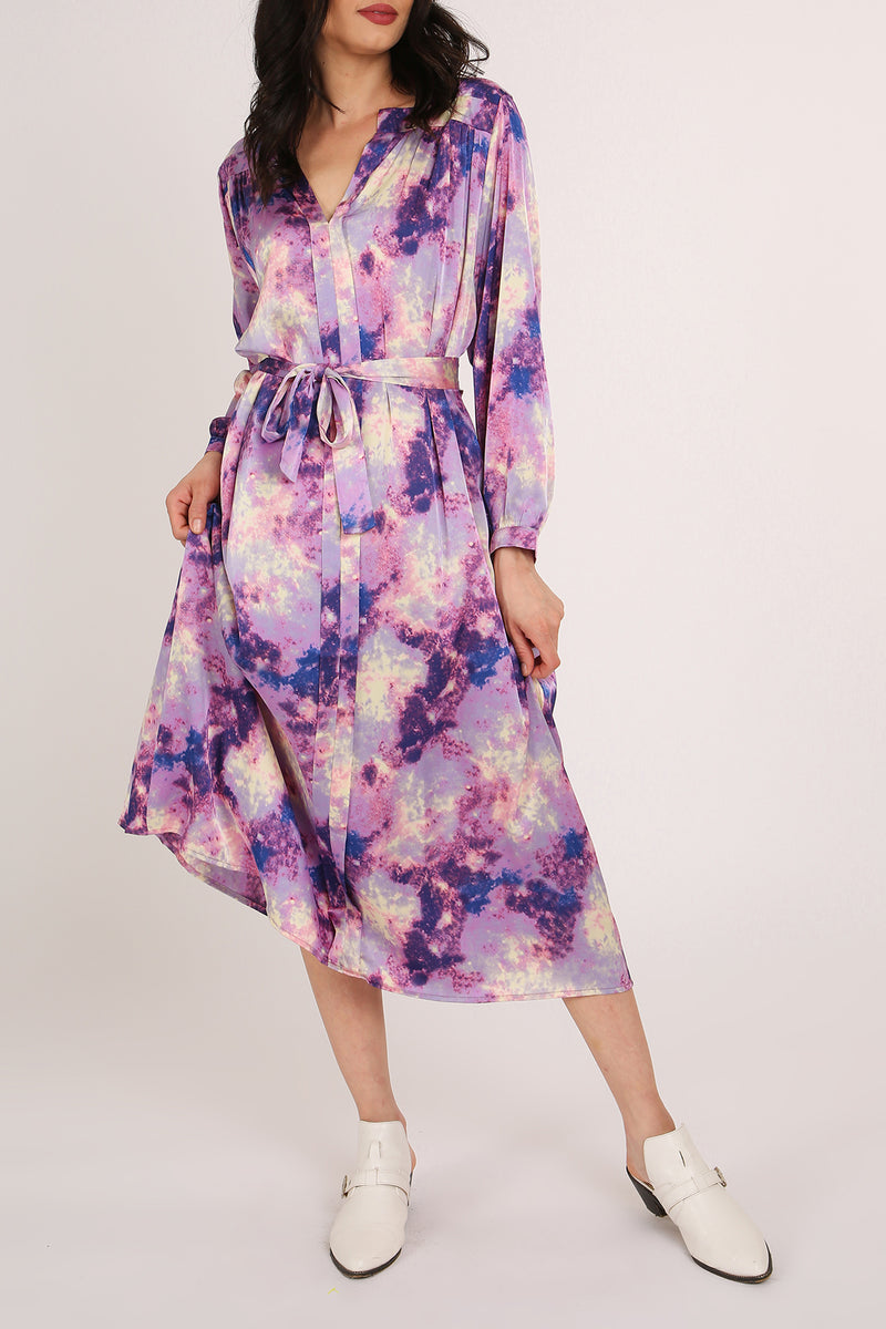 Vincent Soft Tie Dye Print V-Neck Belted Midi Dress - Shop Beulah Style