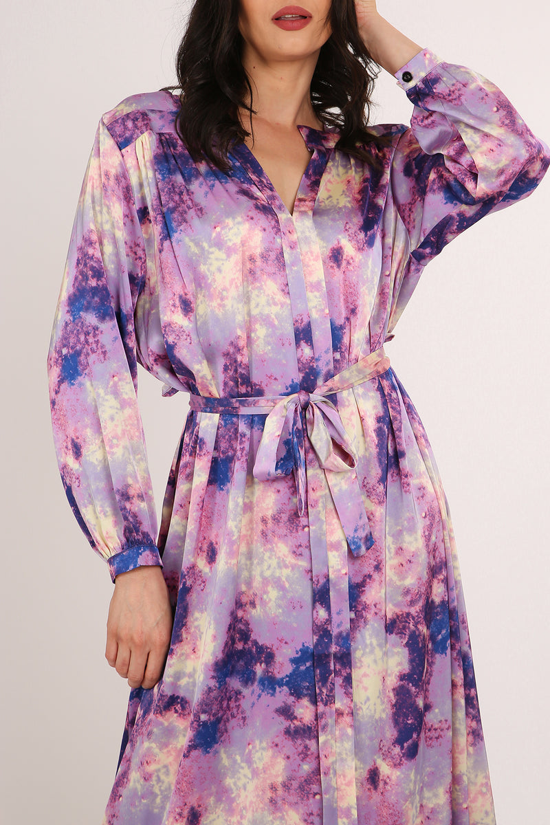 Vincent Soft Tie Dye Print V-Neck Belted Midi Dress - Shop Beulah Style
