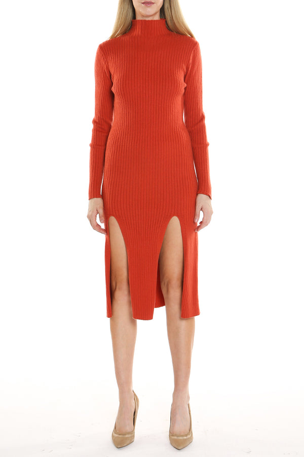 Turtle Neck Knitted Long Dress With Double Slit - Shop Beulah Style